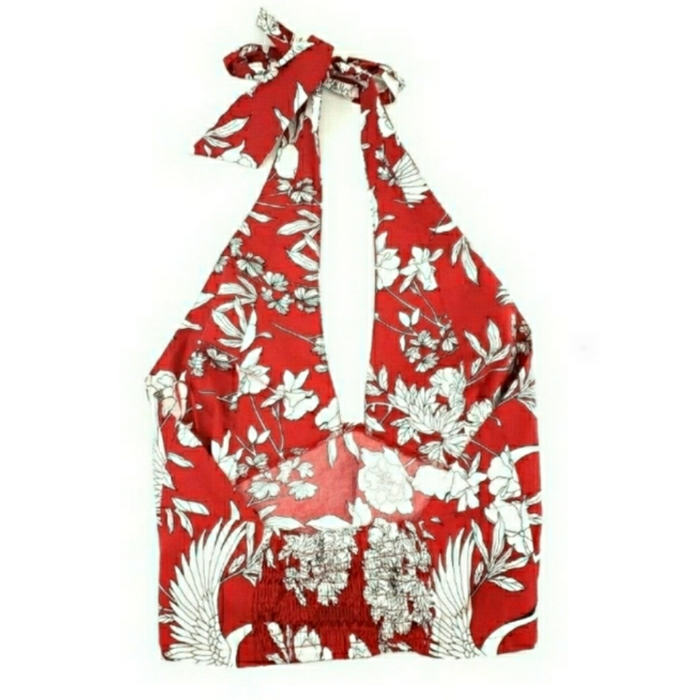 Express Women's Large Red Floral Crop Halter Top - Picture 5 of 8